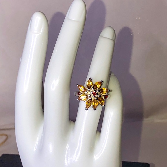 Sterling Silver Golden Citrine and Red Garnet Faceted Flower Ring Sz 7 - Picture 7 of 17